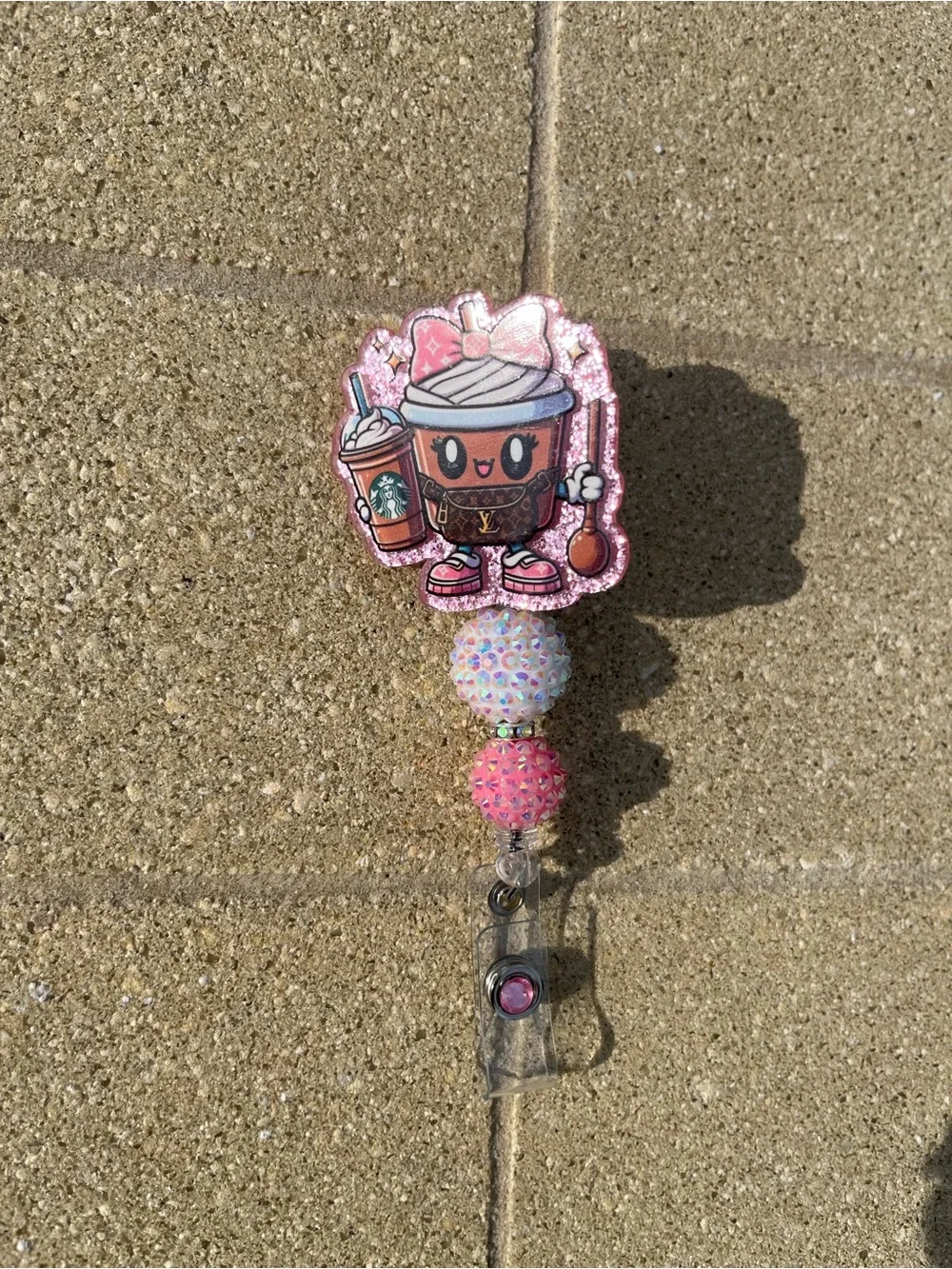 Hand Crafted Inspired Pink Character Cup Badge Reel with Sparkle Beads